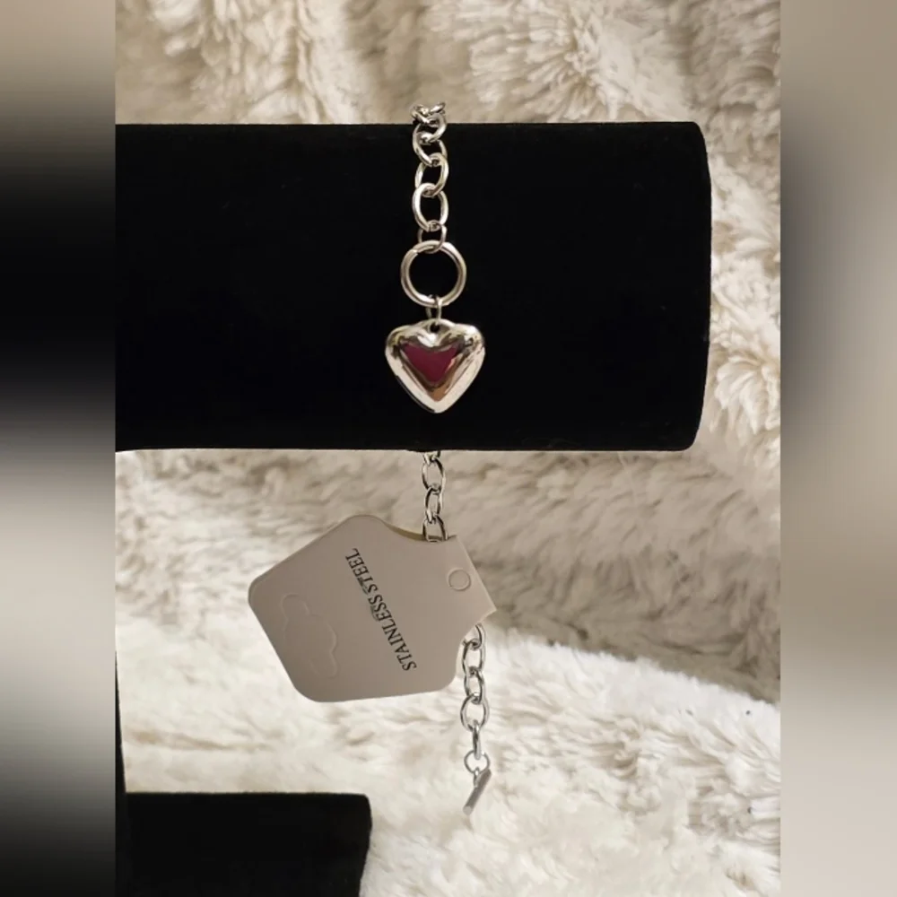 Stainless Steel White Gold Overlay Bracelet With Heart Charm 7